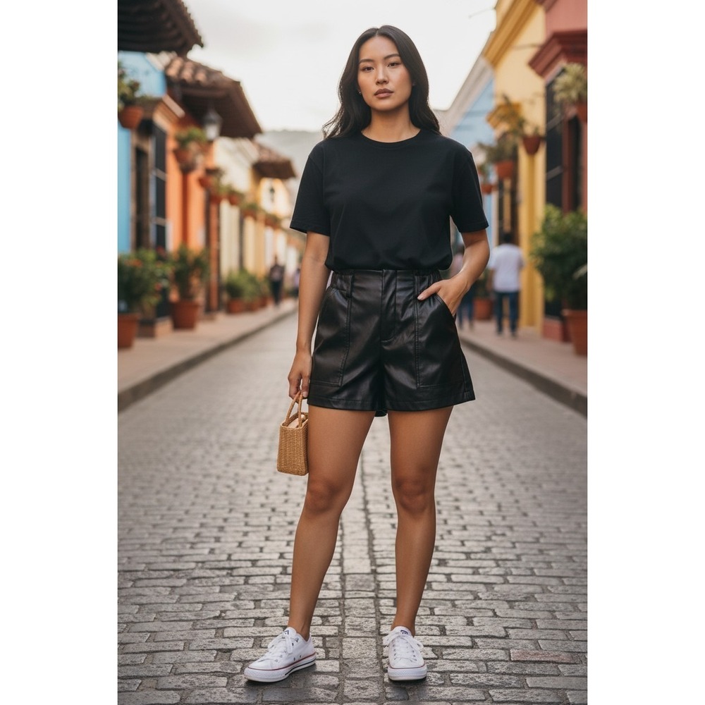 Shinestar Vegan Leather High Rise Shorts - Edgy Paperbag Waist - Black Size M